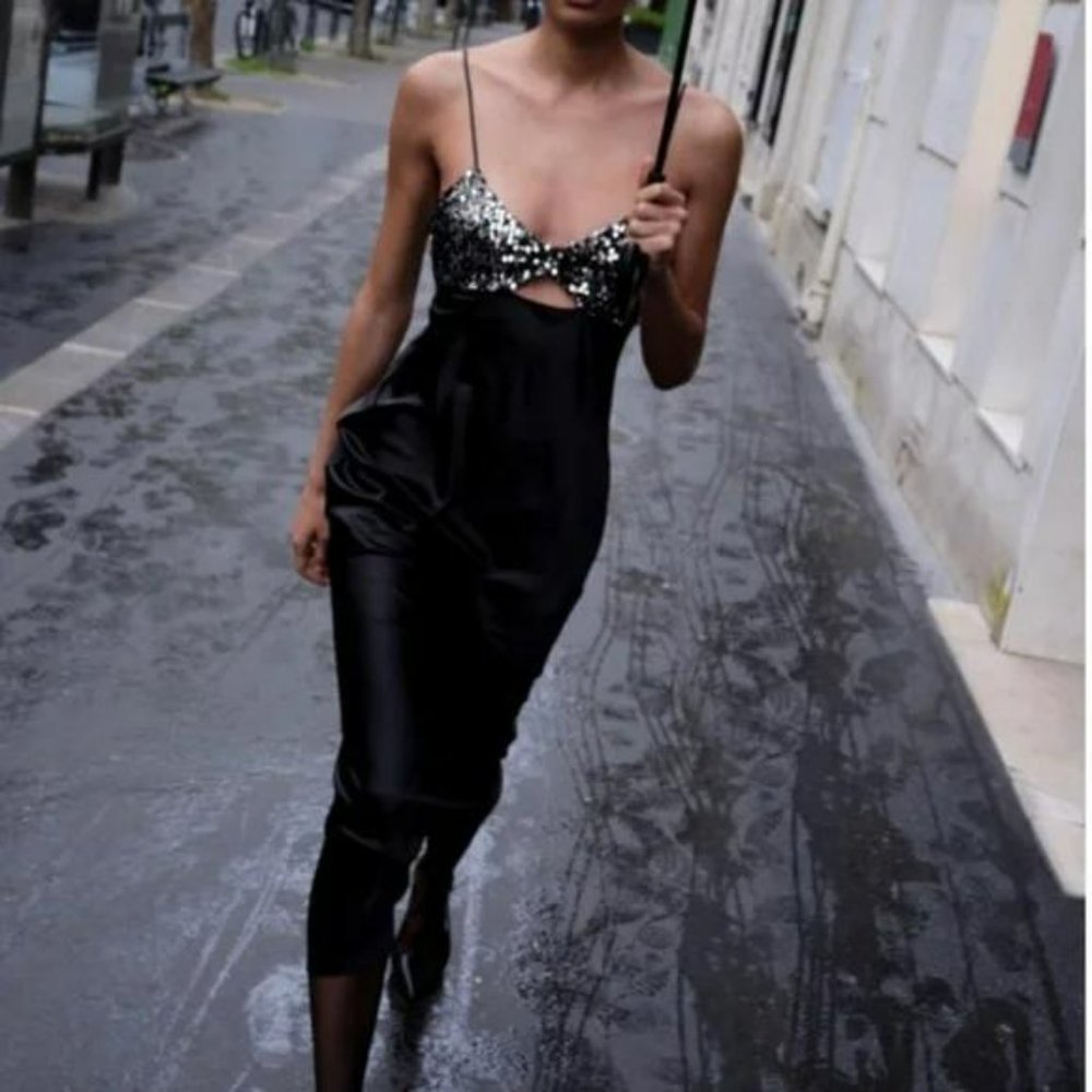 ZARA CONTRASTING SEQUIN SLIP DRESS - BLACK
